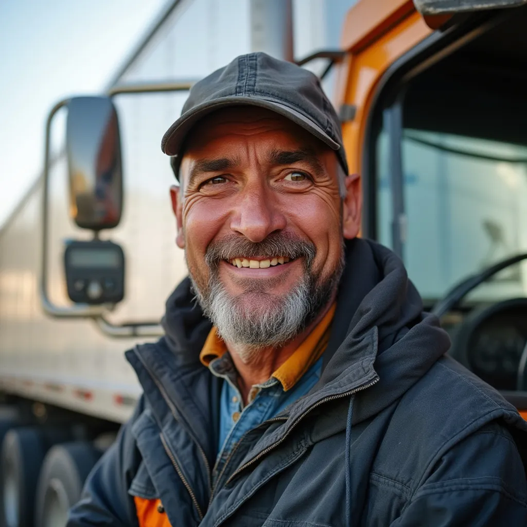 Camionero sonriente junto a su vehículo