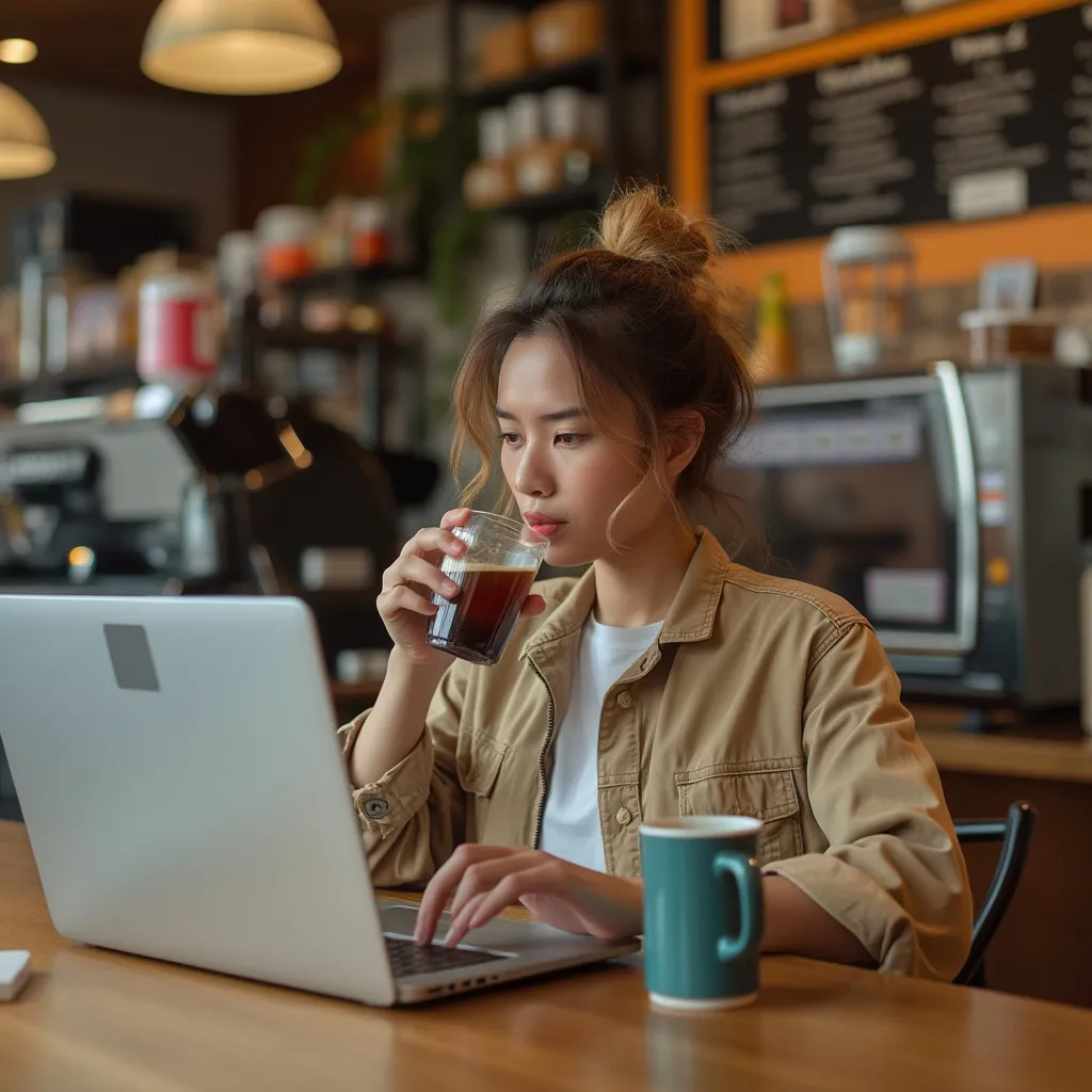Emprendedora utilizando Wi-Fi en la tienda de conveniencia