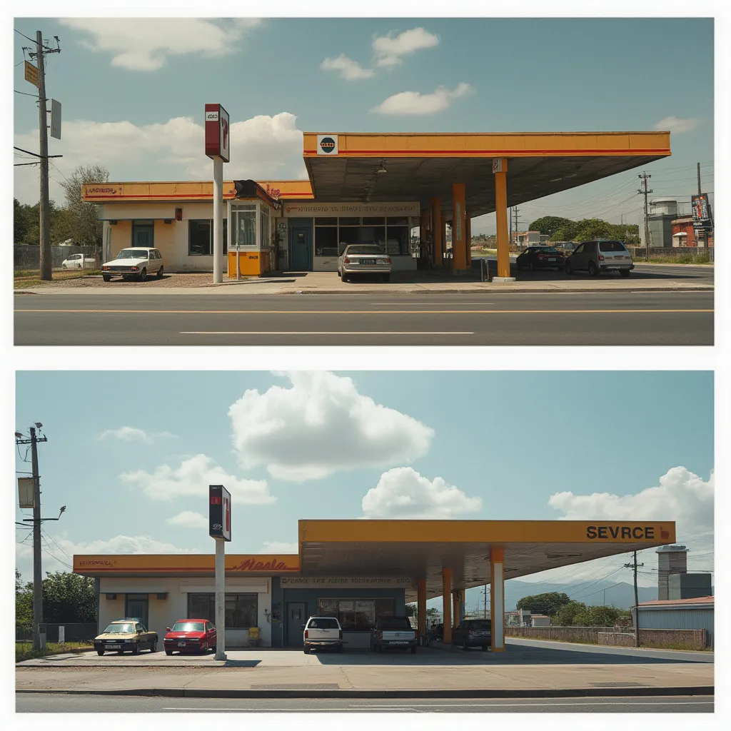 Comparativa de una estación de servicio antigua y una moderna en Argentina