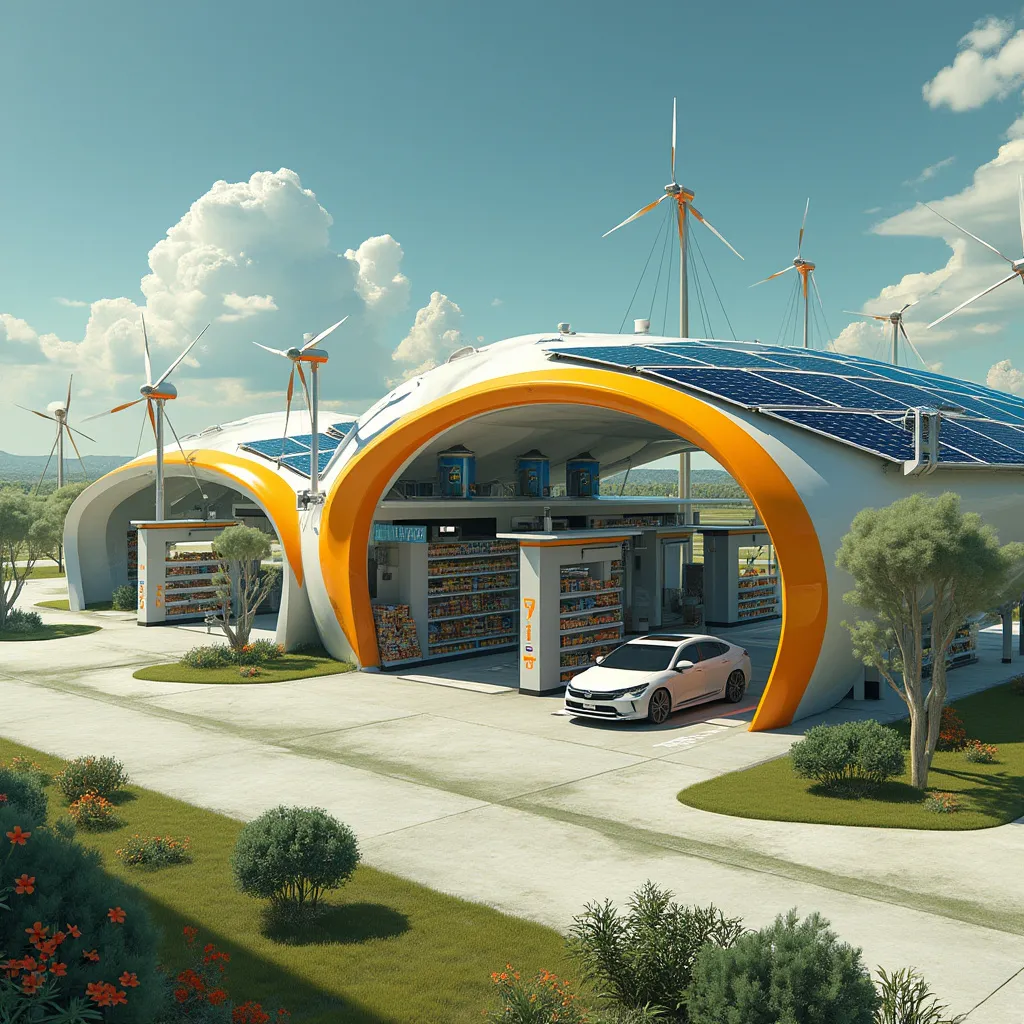 Concepto de estación de servicio del futuro con paneles solares y turbinas eólicas en Argentina